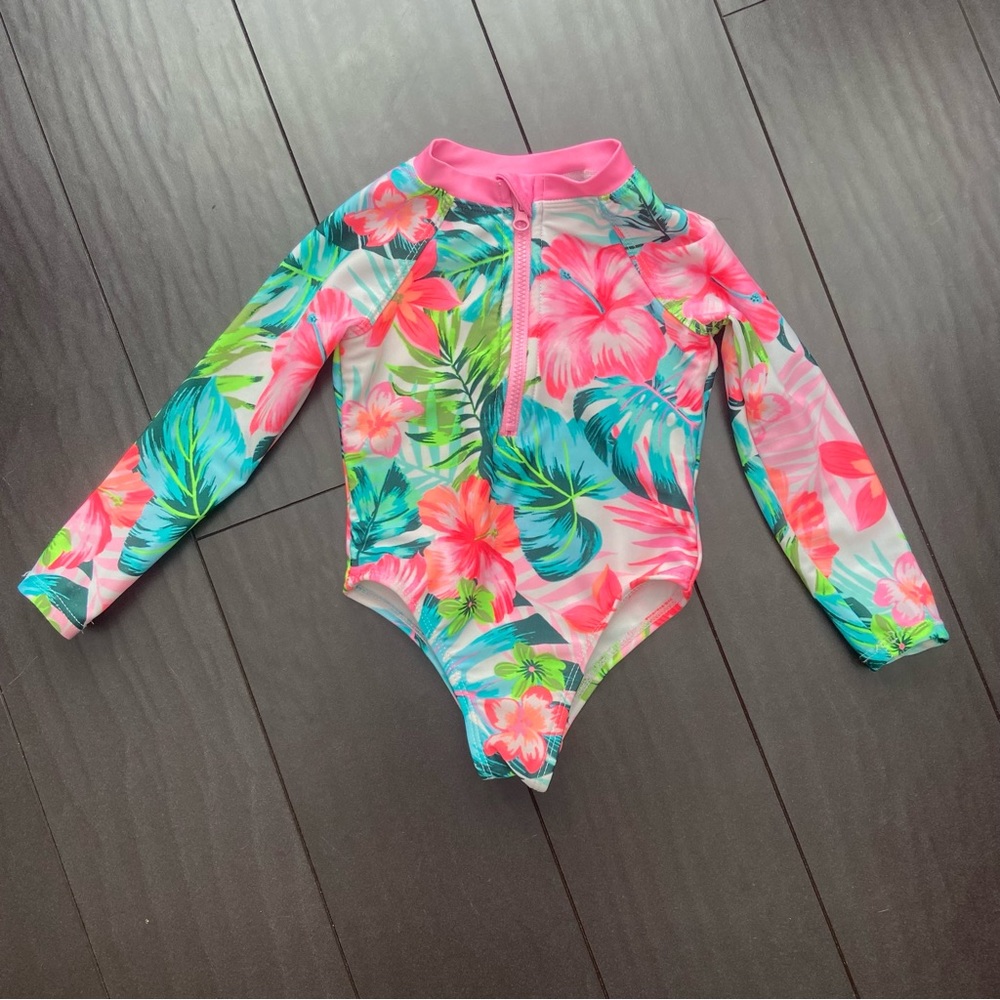 Wondernation bright tropical print long sleeve 1 piece bathing suit size 18M EUC
